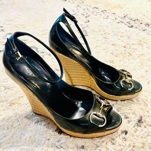 Gucci Horsebit Accent Patent Leather Espadrille Wedges